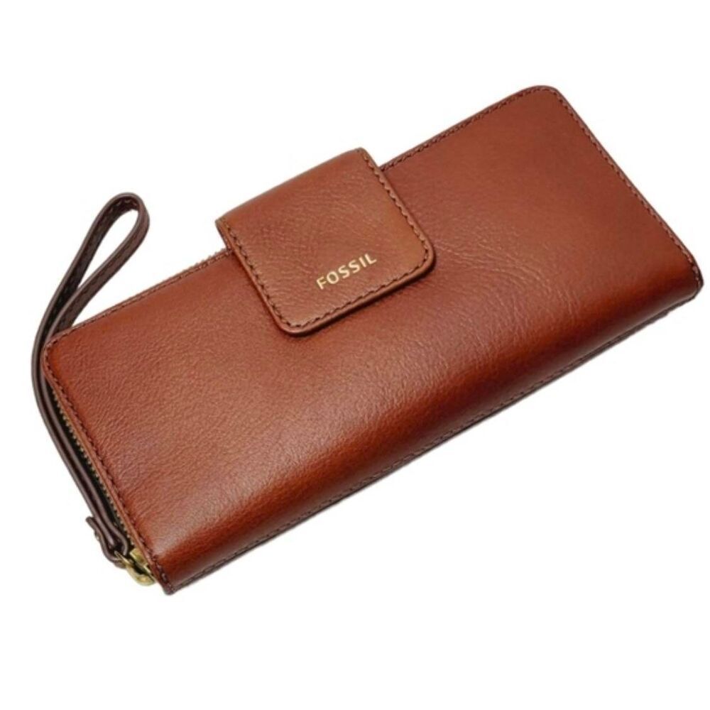 NWT~FOSSIL Madison Bifold Zip Brown Leather Clutch Wallet & Wrist Strap